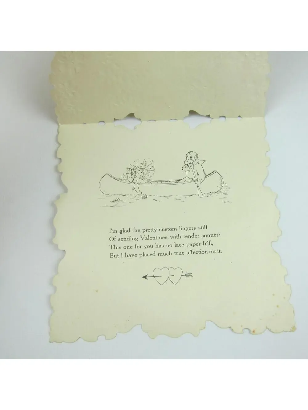 Antique Valentine Die cut Farm House Trees Flowers Gold Embossed Boy Girl Canoe